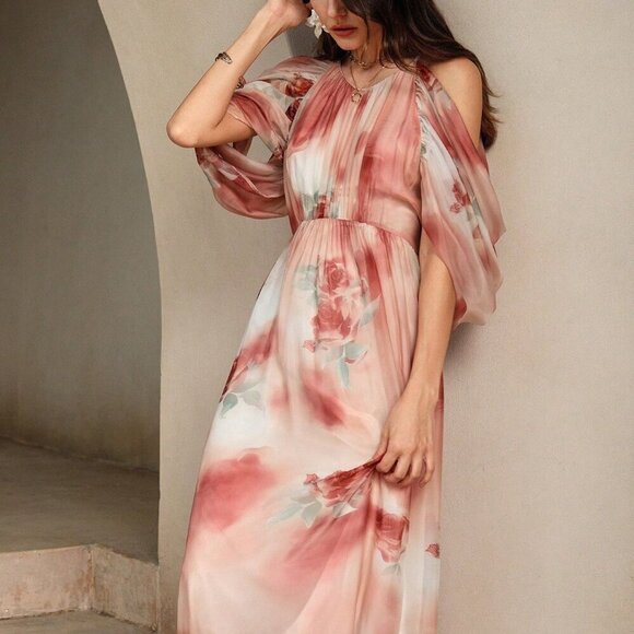 Multicolor Boho Women's Beach Style Silk Halter Neck Drop-Shoulder Floral Dress - Picture 4 of 7